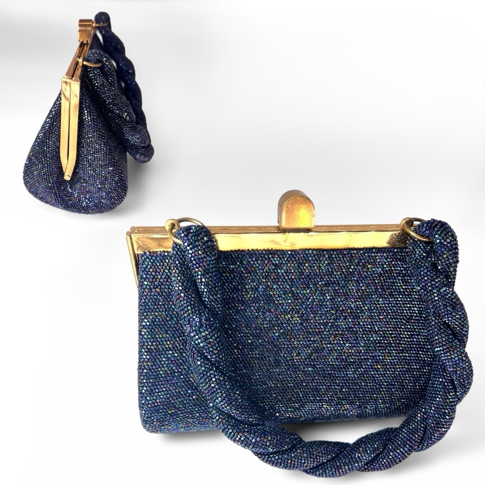 SOLD 1940s 1950s Vintage Blue Purple Iridescent Beaded Frame Bag Box Purse